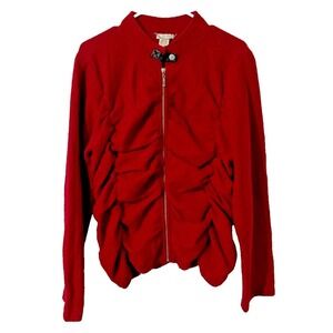 2 Friends Red Wool Zip Up Jacket Ruched Front Scalloped‎ Hem XL